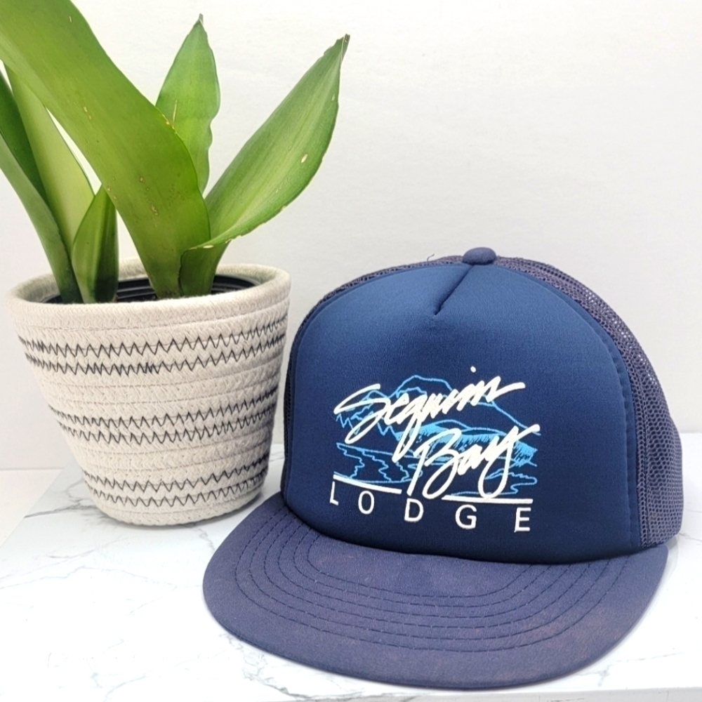 vintage 90s | Sequim Bay Lodge navy blue retro snapback trucker hat | unisex